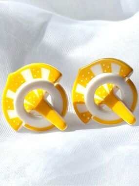 Vintage Yellow and White Lemon Fan Mid Century Drop Earrings